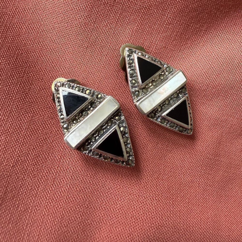 Vintage Art Deco Sterling silver Onyx Mother of Pearl and Marcasite Clip-on Earr